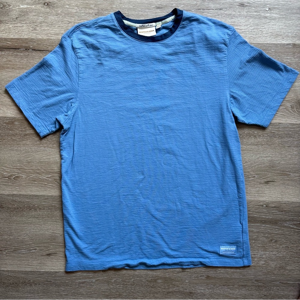 Scotch & Soda Men's Shirt SZ LG Short Sleeve Blue Cotton Waffle Tee W/ Stretch